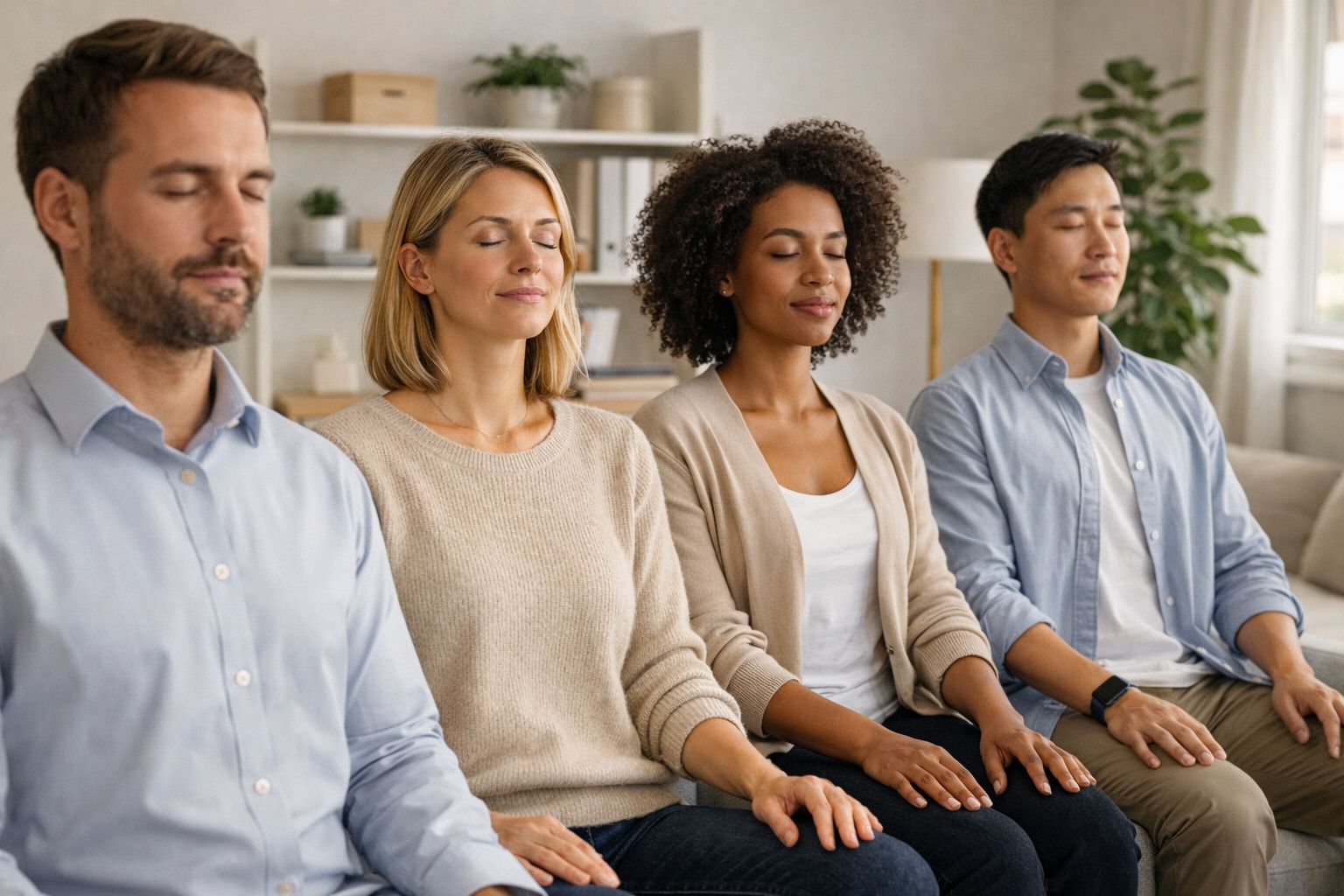 Gruppe af mennesker der meditere på kontor 